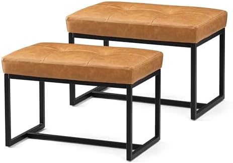 Glitzhome Ottoman Bench Pack of 2, Modern PU Leather Vanity Stools Chairs with Metal Frame, Makeup Stool Padded Foot Rest Stool for Living Room Vanity, Entryway, Bathroom,Light Brown