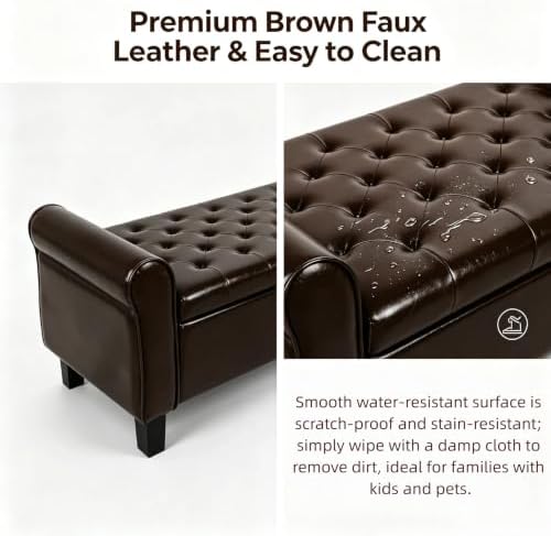 51 Inch Brown Faux Leather Storage Ottoman Bench with Rolled Armrests