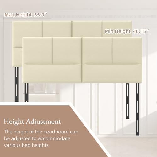 Upholstered Headboard Queen Size, Solid Wood Head Board with Sturdy Metal Legs, Leather Bed Headboard with Height Adjustable, Beige