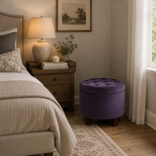 HomePop 19" Velvet Button Tufted Round Storage Ottoman - Deep Purple