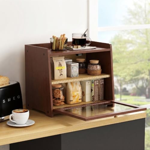 Walnut Brown Bread Box 2 Tier, Double Layer Breadbox for Kitchen Countertop