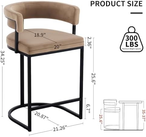 Set of 4 Brown Modern Velvet Bar Stools with Barrel Backrest, Upholstered Seat, and Black Metal Footrest – 25.6-Inch Seat Height, Ideal for Counters, Home Bars, and Kitchen Islands