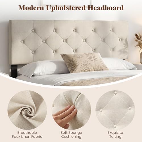 KOMFOTT Linen Upholstered Headboard for Full & Queen Size Bed Frame, Tufted Button Bed Headboard with Solid Rubber Wood Legs, Rectangular Headboard with Adjustable Width (Rhombic Button Tufted,Beige)