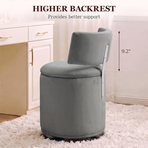Swivel Vanity Chair with Storage, Velvet Makeup Stool with Higher Back for Living Room, Bedroom, Dressing, Grey