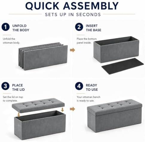 ALASDO 43 Inch Folding Storage Ottoman Bench with Hidden Storage, PU Leather Ottoman Foot Rest Stool, End of Bed Bench for Bedroom, Living Room, Entryway and Closet, Grey