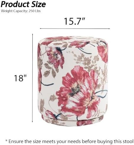 15.7" Swivel Vanity Stool, Floral Velvet Round Ottoman, Red