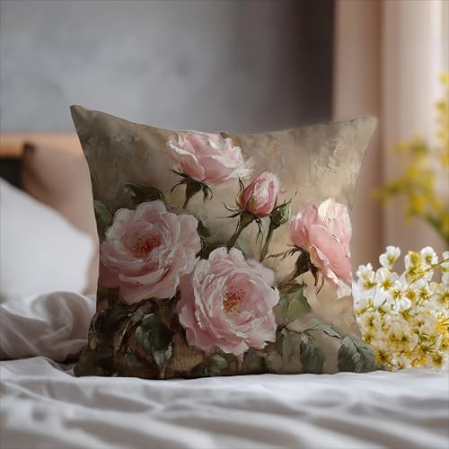 Vintage Pink Rose Floral Rectangle Pillow Throw Cover 18x18 Decor, Shabby Chic Rustic Cottagecore Decorative Throw Pillow Covers Double-Sided