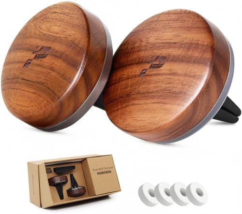 Car Air Freshener Wood Diffuser 2 Pack, Vent Clip Long Lasting Scent, Walnut Odor Eliminator Auto Accessories for Women Men, 4 Essential Oil Tablets (Grove, Ocean, Coconut and Linen)