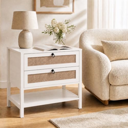GIANTEX Rattan Nightstand Set 2 with 2 Drawers, 27" Wide Boho Bedside Table