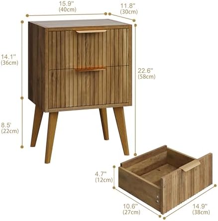 YAUKOMEL Fluted Nightstand with 2 Drawers,Walnut Brown Modern Bedside Table