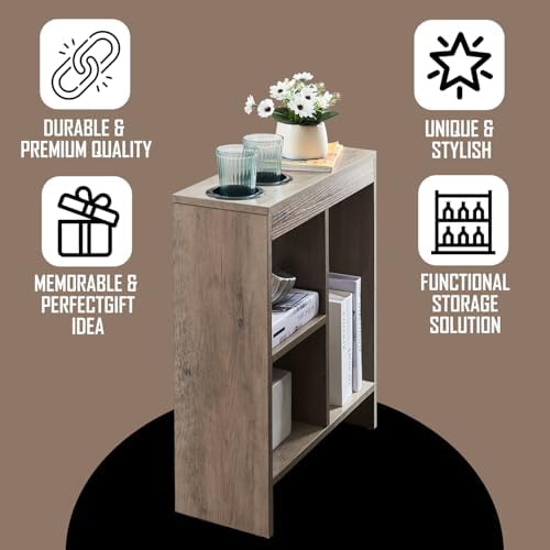 Kings Brand Chairside Side Table with Cup Holders & Storage, Walnut