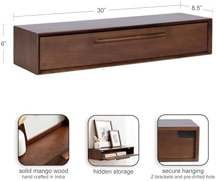 Kate and Laurel McCutcheon Mid-Century Floating Console Table for Entryway; 30 x 9 x 6; Walnut Brown; Decorative Transitional Floating Entryway Table for Use as Living Room Storage Wall Shelf