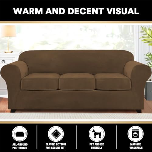 PrinceDeco Velvet Couch Covers for Sofa Soft 4 Pieces Couch Covers for 3 Cushion Couch Sofa Pet Friendly Furniture Protector with Non Slip Elastic Bottom Width Up to 90 Inch (Large, Bronze Brown)