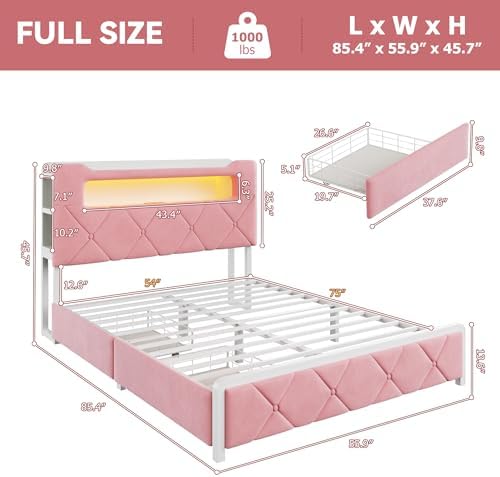 Full Upholstered LED Bed Frame with 2 Storage Drawers and 2-Tier Storage Headboard, Velvet Princess Platform Bed with Charging Station & Bookcase, Heavy Duty Metal Support, No Box Spring Needed, Pink