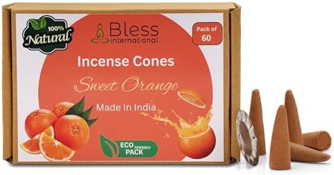 Bless-International Sweet Orange 100%-Natural-Incense-Cones Handmade-Hand-Dipped Organic-Chemicals-Free for-Purification-Relaxation-Positivity-Yoga-Meditation (60 Count)