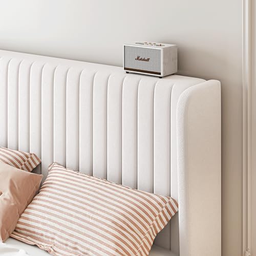 SHA CERLIN Queen Size Velvet Bed Frame, Tufted Wingback Headboard, White