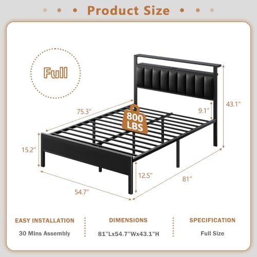 Furnulem Black Full Size Bed Frame with Charging Station & LED Lights