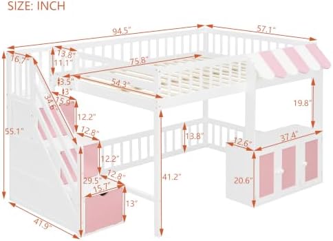 LUMISOL Full Size Loft Bed with Storage Steps and Under Bed Cabinets, Playhouse Loft Bed Frame with LED Light, White+Pink