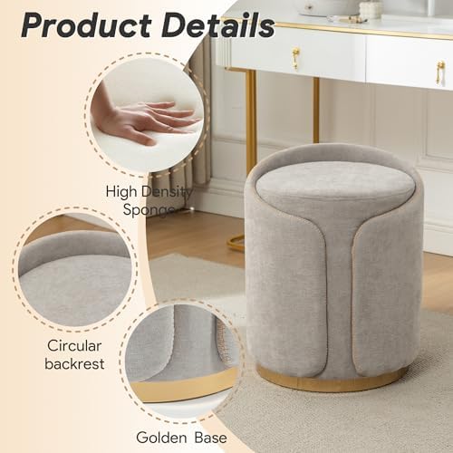 Swivel Vanity Stool with Gold Base Comfy Vanity Chair Modern Round Stool for Makeup Vanity Ottoman Foot Rest for Bedroom livingroom (Light Gray)
