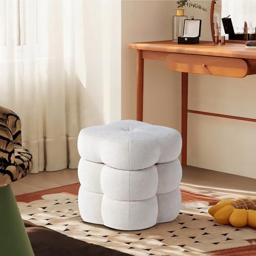 Get Set Style 360° Swivel Flower Ottoman, Linen Vanity Stool Footrest with 300LBS Capacity, No Assembly Small Space Accent Chair for Living Room Bedroom Entryway (Warm Ivory)