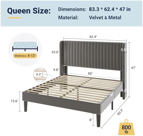 Allewie Queen Size Velvet Bed Frame/Vertical Channel Tufted Wingback Headboard/Upholstered Platform Bed/Strong Wooden Slats/No Box Spring Needed/Easy Assembly/Grey
