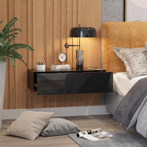 HedoAjim Black Modern Floating Wall Mounted Nightstand with Drawer Storage Wood Bedside Table Small Wall Shelf for Bedroom Living Room