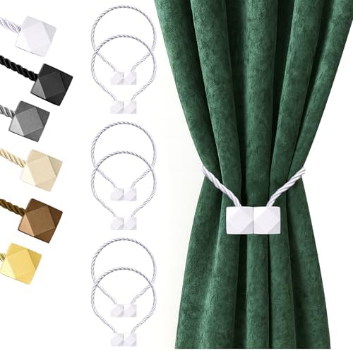 Hion Magnetic Curtain Tiebacks White 6pcs, Curtain Holdbacks Hooks Holders