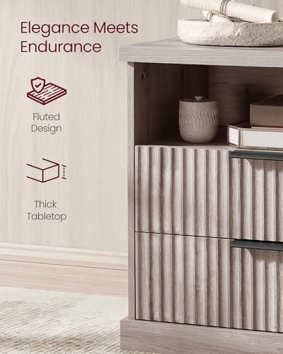 VASAGLE Set of 2 Nightstands with Charging Station, 2 Drawers, Open Shelf