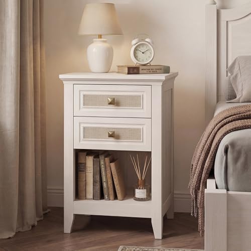 RoyalCraft Rattan Nightstand Set of 2 for Bedroom, Boho Bedside Table with 2 Drawers, Accent End Table with Open Storage Shelf, Wood Bedside Unit for Home Office, Grayish White