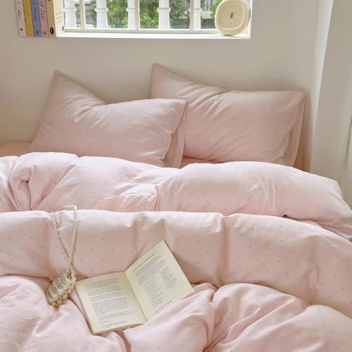 3 Pcs Pink Polka Dot Duvet Cover King, Cotton Double Gauze, Zipper & Ties