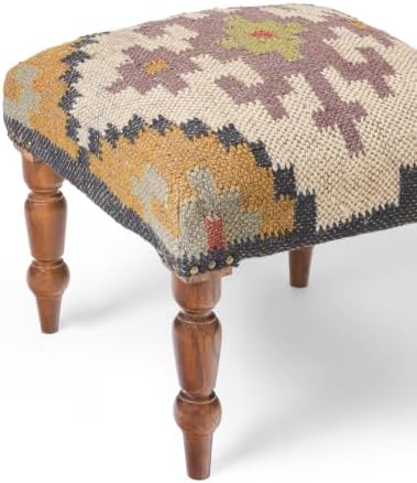 Handmade Jute Ottoman Stool with Wooden Legs | Square Upholstered Foot Rest & Accent Seating | Woven Vanity Stool for Living Room, Bedroom, Hall, Entryway & Home Décor (Yellow)