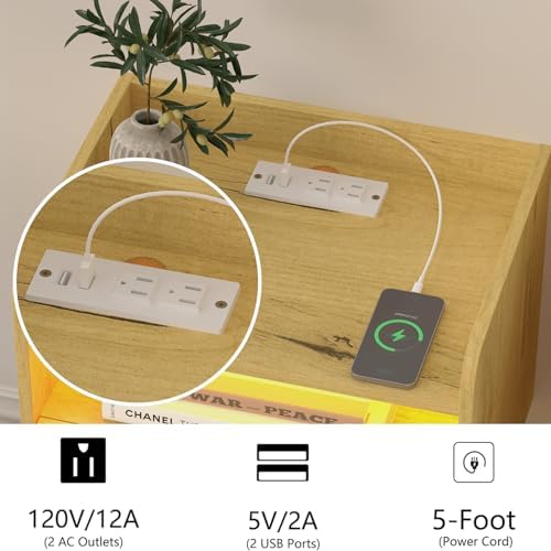 Veegle Floating Nightstand with Charging Station and LED Lights (Yellow Oak)
