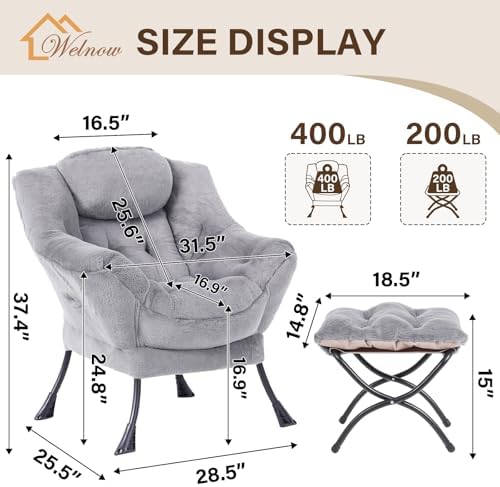 Welnow Lazy Chair with Ottoman, Reading Chair with Footrest, Grey