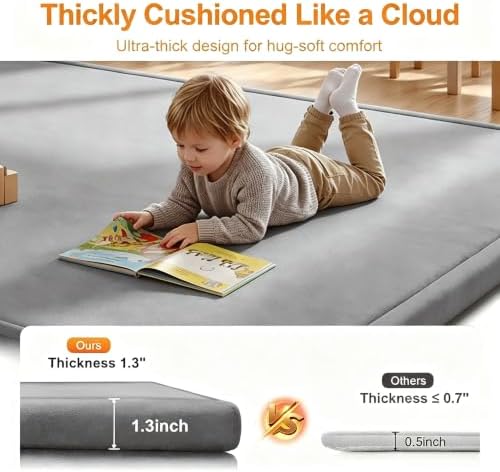 Ultra Soft Play Mat for Floor, 50"x50" Playpen Mat, 1.3" Thick Memory Foam, Non-Slip Tummy Time Mat for Infants, Toddlers, and Kids – Water-Repellent Coral Velvet, Easy Care