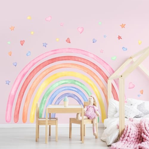 77" x 47" Large Rainbow Wall Decals Stickers for Girls Nursery Peel and Stick Watercolor Rainbow Hearts Stars Vinyl Wall Mural Art for Kids Toddlers Bedroom Playroom Classroom