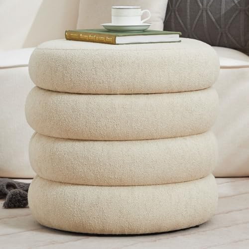 Compact Round Linen Ottoman with Storage, Small Tufted Vanity Stool for Dorm, Modern Storage Ottoman with Removable Lid for Entryway and Lounge, Beige