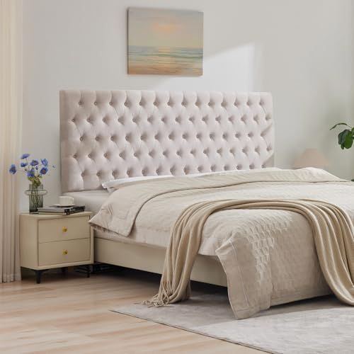 Kingfun Upholstered King Headboard Only, Premium Linen Button Tufted Headboards, Adjustable Solid Wood Head Board, Padded Headboard with Solid Wood Legs in Bedroom (Beige)