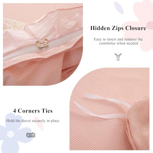Pink Floral King Size Duvet Cover with Ruffle 100% Cotton Comforter Cover 3 Pcs, Teen Girls Chic Aesthetic Duvet Cover with Zipper Closure, Princess Bedding Sets 104"x90"