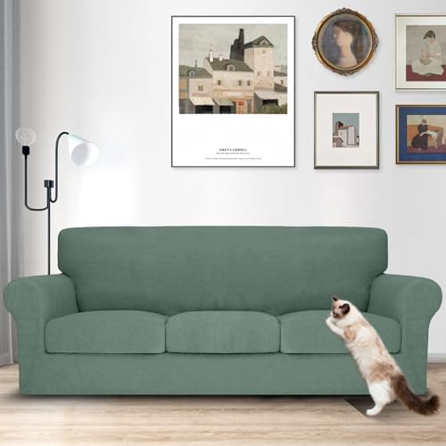 MAXIJIN 4 Piece Couch Covers for 3 Cushion Couch Sofa Covers, Stretch Couch Slipcovers for Sofas with 3 Cushions, Thick 3 Seat Furniture Protector for Dogs Pet (71"-91", Pea Green)