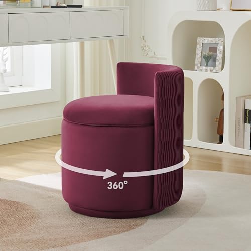 WUTUTUEE Velvet Vanity Chair with Storage, 360° Swivel Makeup Chair with Wave Back, No Assembly Small Accent Stool for Bedroom, Dressing, Living Room, Burgundy