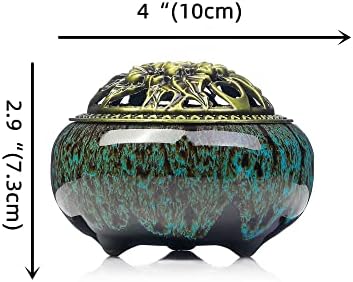Incense Burner with Calabash Incense Stick Holder - Porcelain Charcoal Censer for Use with Resin Granular Powder Cone or Coil Incense (Kiln-Colored Blue)