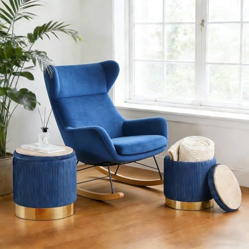Round Ottoman with Storage Set of 2 Blue Velvet Vanity Stool