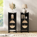 Narrow Nightstand for Small Spaces - 9.3" Slim Side Table with Rattan-Weave Drawers, Skinny Bedside Table with Open Shelf, Rustic Tall Thin Gap Filler for Bedroom & Sofa Side, Black, Set of 2