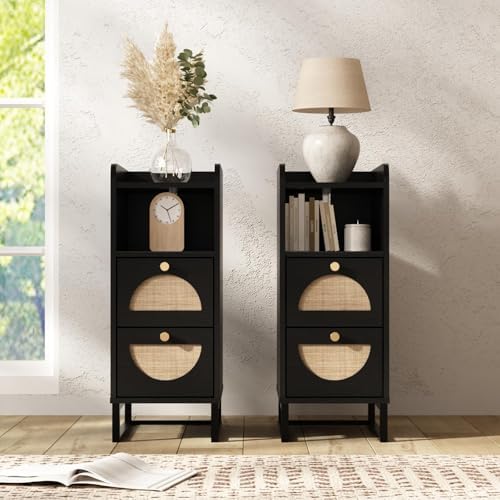 Narrow Nightstand for Small Spaces - 9.3" Slim Side Table with Rattan-Weave Drawers, Skinny Bedside Table with Open Shelf, Rustic Tall Thin Gap Filler for Bedroom & Sofa Side, Black, Set of 2
