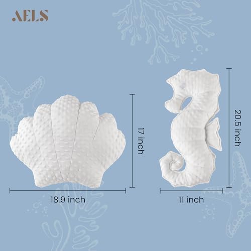 AELS Coastal Throw Pillows Set of 2, Shell Seahors Pillows, Beach Ocean Nautical Themed Smooth Soft Minky Decorative Throw Pillows, Cute Pillow for Couch Sofa Bed Living Room Bedroom Nursery, White