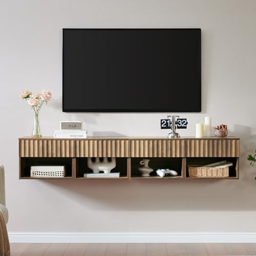 BuildHom Floating Nightstand with Fluted Drawer, Bedside Table