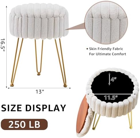 Wimarsbon Vanity Stool with Storage, Faux Fur Ottoman Chair with Metal Legs