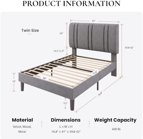 SHA CERLIN Twin Size Velvet Bed Frame with Adjustable Headboard, Grey