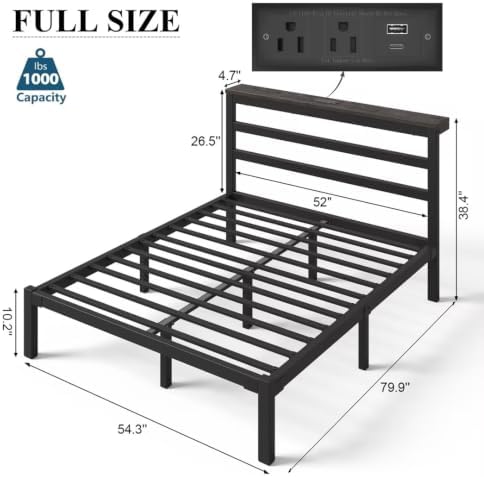 Full Bed Frame with Charging Station and LED Lights Headboard, Black