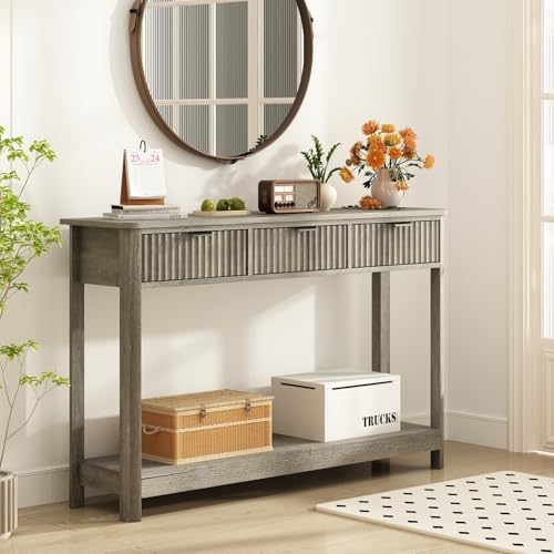 RUSTOWN Fluted Wood Console Table with 3 Drawers, 47.2" Boho Entryway Table